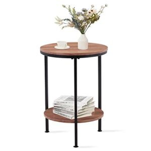 GOLDFAN Round Coffee Side Table Wooden Sofa End Bedside Table Small Metal Lamp Table with 2 tier Storage for Living Room Bedroom,Brown