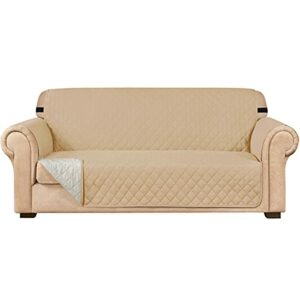 subrtex Quilted Sofa Cover Reversible Sofa Protector 3 Seaters Armchair Cover with Adjustable Elastic Straps, Side Storage Pocket (Sofa,Sand) (So