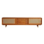 Entertainment Japanese Style TV Stand Modern TV Cabinet Media Console with Rattan Sliding Door Hidden Drawers and Shelves for Living Room Bedroom