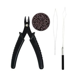 Hair Extensions Kit  2 Holes Hair Pliers500Pcs 3mm Silicone Hair Rings Beads Pulling Needle and Loop Threader Brown