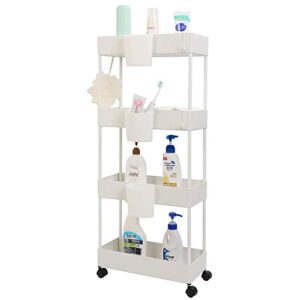 OVAKIA Slim Storage Trolley on Wheels, 4-Tier Space-Saving Shelving unit 18cm Wide, Narrow Organiser for Kitchen Bathroom Office, Small Rolling C