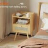 SUPERJARE Nightstand with Charging Station  RattanLike Decor Drawer Rattan End Table with Solid Wood Feet Bed Side Table with Open Storage for Be