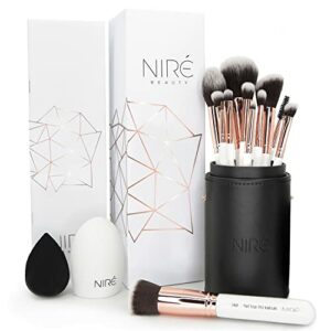 Nir Beauty Professional Makeup Brushes  15piece Award Winning Vegan Makeup Brush Set with Case Blending Sponge Brush Cleaner Guide Gift Box