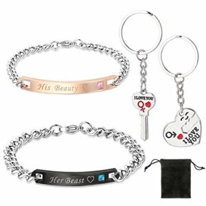HOWAF Keyring Bracelet Couples Valentines Gifts I Love You Valentines Key Chains  Her Beast His Beauty Bracelets for Her Him Gifts for Girlfriend