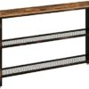 Rolanstar Narrow Console Table Rustic Sofa Table with 2 Mesh Shelves Entryway Table with Retro Metal Frame for Entryway Living Room