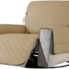 subrtex Quilted Sofa Cover Reversible Sofa Protector 3 Seaters Armchair Cover with Adjustable Elastic Straps, Side Storage Pocket (Sofa,Sand) (So