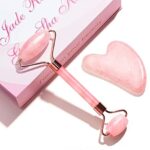 Femometer Jade Roller Gua Sha Set Facial Roller Massage Tool 100 Natural Rose Quartz for Face Eyes Neck Skincare Beauty Relieve Fine Lines and Wr