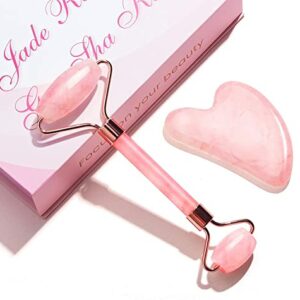 Femometer Jade Roller Gua Sha Set Facial Roller Massage Tool 100 Natural Rose Quartz for Face Eyes Neck Skincare Beauty Relieve Fine Lines and Wr
