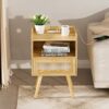 SUPERJARE Nightstand with Charging Station  RattanLike Decor Drawer Rattan End Table with Solid Wood Feet Bed Side Table with Open Storage for Be