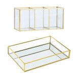 Gold Makeup Brush Holder Organizer Makeup Organiser with 3 Compartments Transparent Cosmetic Holder Makeup Storage Decorative Tray for Brushes Ey