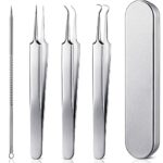 Blackhead Remove Tools 4 Pieces Ingrown Hair Removal Kit 3 Stainless Steel Blackhead Tweezers with Needle Pimple Comedome Extractor Punch Blemish