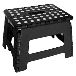 GLOW Heavy Duty Folding Step Stool – Black/White Strong Compact 9 Inch Plastic Anti Slip Stepping Stool for Kids and Adults with Carry Handle for