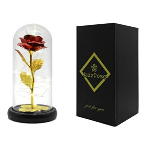 Jazz Pose Rose in Glass Dome Beauty and The Beast Rose Gifts with Light Glass Rose Gifts for Her Women Valentines Day Gift for Her Wife Rose Gift