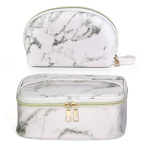 Make Up Bag Maange 2 Pcs Cosmetic Bags Travel Makeup Bag with Gold Zipper Leather Marble Makeup Bag for Women