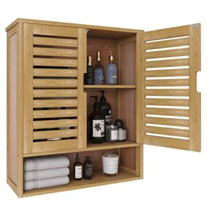 SMIBUY Bathroom Cabinet Wall Mounted, Bamboo Over-The-Toilet Storage Organizer, Space Saver Medicine Cabinet with 2 Door and Adjustable Shelves (