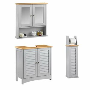 Grey 3 Piece Set Under Sink Storage Wall Mounted Mirror Cabinet Toilet Paper Roll Dispenser Modern Style Bathroom Storage Cupboard Adjustable She