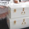 Beautify Storage Trunks Extra Large Set of 2 White Steel Storage Chests with Rose Gold Handles Stylish Stackable Bedroom Storage for Bedroom Liv
