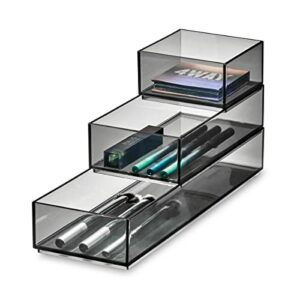 iDesign 3Piece Stack and Slide Cosmetics Organiser Set from the Signature Series by Sarah Tanno Tall RPET Makeup Organiser Make Up Storage SmokeM