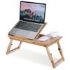 Foldable Laptop Bed Table, Bamboo Portable Adjustable Antislip Laptop Table Stand Tray with Flower Shape Hole Cooling Light, Convenient Bed Lapto