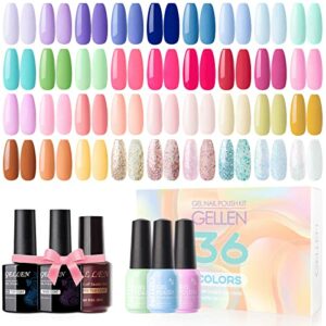 Gellen 36 Colors Gel Nail Polish Kit  with TopBase Coat Matte Top Coat Popular Nail Art Designs CandyRainbowGlitterShimmerPastel Nail Gel Polish