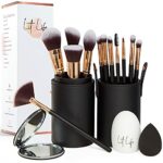 Lit Life Flawless 16Piece Vegan Makeup Brush Set 12 Professional Brushes HolderTravel Case Beauty Blender Brush Cleaner Compact Mirror  Gift Box