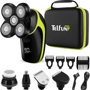 Head Shavers for Bald Men Telfun Wet  Dry Waterproof Cordless Electric Razor for Men with LED Display 5 in 1 Rotary Shaver Grooming Kit with Hair