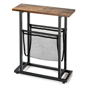 Multigot Vintage End Table, Narrow Sofa Side Table with Mesh Magazine Holder, Industrial Bedside Coffee Table for Home Office Bedroom Living Room