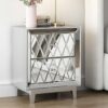 blingworld Modern Nightstand with 2 Mirrored Drawers Silver Accent Side Table Mirror Finished Cute Bedside Table with Crystal Handle for Bedroom