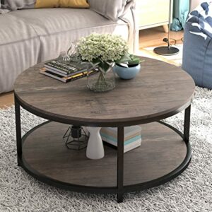 NSdirect 36 inches Round Coffee Table, Rustic Wooden Surface Top & Sturdy Metal Legs Industrial Sofa Table for Living Room Modern Design Home Fur