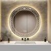 YOSHOOT Patterned 600mm Round Bathroom Mirror Wall Mounted Mirror with LED Light, Sleekest Illuminated Vanity Mirror, Anti-Fog Large Circle Makeu
