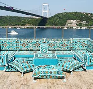 Light Blue Corner Floor Sofa Seating Set U Shaped Arabic Sofa Set Oriental Floor Seating Floor Cushions Living Room Sofa Arabic MajlisFloor Couch