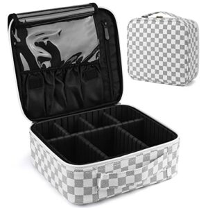 Makeup BagLarge Travel Cosmetic CaseVintage PU Professional Beauty Organiser Box with Adjustable Dividers Portable Storage Cases for Toiletry Bru