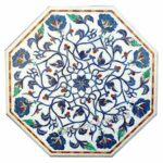 Gifts And Artefacts 18 x 18 Inches Octagon Shape White Marble Coffee Table Top with Antique Floral Art Pietra Dura Art Corner Table for Balcony D