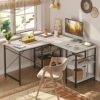 Bestier L Shaped Desk with Shelves Reversible Corner Desk 220CM Industrial Long Table Stable Desk L Shape Computer Workstation with 3 Cable Holes