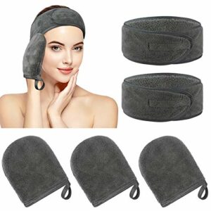 KinHwa Reusable Makeup Remover Glove Microfibre Facial Mitts Set and Makeup Headband Gentle for Face Eyes Suit All Skin Darkgrey Darkgrey