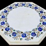 18 x 18 Inches Octagon Shape White Marble Coffee Table Top Lapis Lazuli Stone Inlay Work Sofa Side Table for Home and Hotel Area Decor