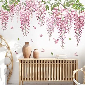 decalmile Pink Flower Vine Wall Decals Hanging Wisteria Floral Vines Branches Wall Stickers Bedroom Living Room Sofa TV Background Wall Decor
