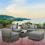 DLOETT Rattan Garden Furniture Set 5 Set Patio Sofa Set Wicker Weave Outdoor Furniture Set with Glass Table Cushion Pillows