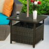 COSTWAY Rattan Patio Wicker Bistro Dining Tables Square Umbrella Table with Storage Space Outdoor Stand Garden Leisure Coffee Table WUmbrella Hol
