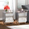 blingworld Modern Nightstand with 2 Mirrored Drawers Silver Accent Side Table Mirror Finished Cute Bedside Table with Crystal Handle for Bedroom
