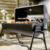 wilko Oil Drum Charcoal BBQ Grill - With Lid Cover - Chrome Plated Steel Cooking Grid - Built-in Temperature Gauge - Warming Rack and Base Wheels
