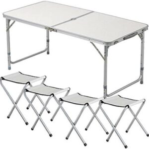 Multipurpose Table Set with 4 Chair Outdoor Indoor Use for BBQ Picnic Garden Office Parties Set In White Foldable Portable Design Size 4FT