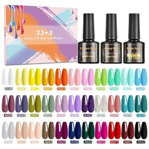 Gel Nail Polish SHOWNAIL 36Pcs Gel Polish Soak Off Gel Nail Polish Set with Base Glossy Matte Top Coat Popular Pastel Black White Nude Neon Glitt