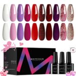 MAYCHAO 12PCS Encounter Romance Gel Nail Polish Set Christmas Red Pink Purple Soak Off Nail Polish Gel Set with Glossy  Matte Gel Top Coat Base C