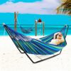 Hammock with Stand, Double Cotton Hammock with Spreader Bars, Space-Saving and Adjustable Steel Stand Perfect for Garden Camping Travel Backyard,