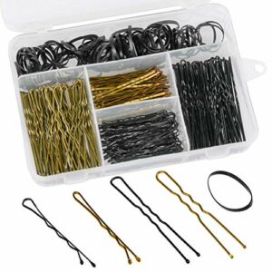 FOCCTS 300 Pcs Bobby Pins  Hair Bands Set Including 200 U Shape Hair Pins Hair Clips and 100 Pcs Hair Bands with Storage Box for Girls and Women
