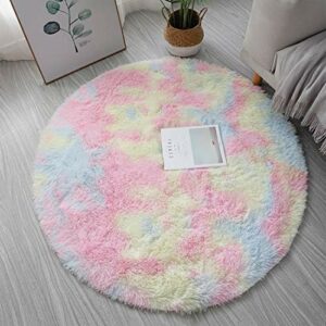 Luckyarn Round Area Rug Shaggy Fluffy Rugs Bedroom Living Room Carpet Floor Mat Nursery Rug Carpet NonSlip Circle Rug for Playroom Kids Room Mult
