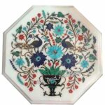 16 x 16 Inches Octagon Shape White Marble Coffee Table Top from Heritage Art and Crafts Multicolor Stone Inlay Work End Table with Floral Art