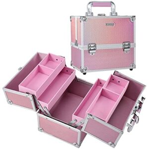 Makeup Box 4 Trays Cosmetic Case Vanity Travel Box Professional Beauty Tools Organiser Storage Case Lockable with Keys Mermaid Pink
