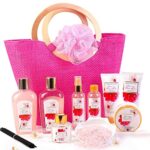 Green Canyon Spa Bath Gift Set for Her in Pink Straw Bag 11 Pcs Cherry Blossom Hampers for WomenBirthday Gift for HerLuxury Pamper Sets for Women